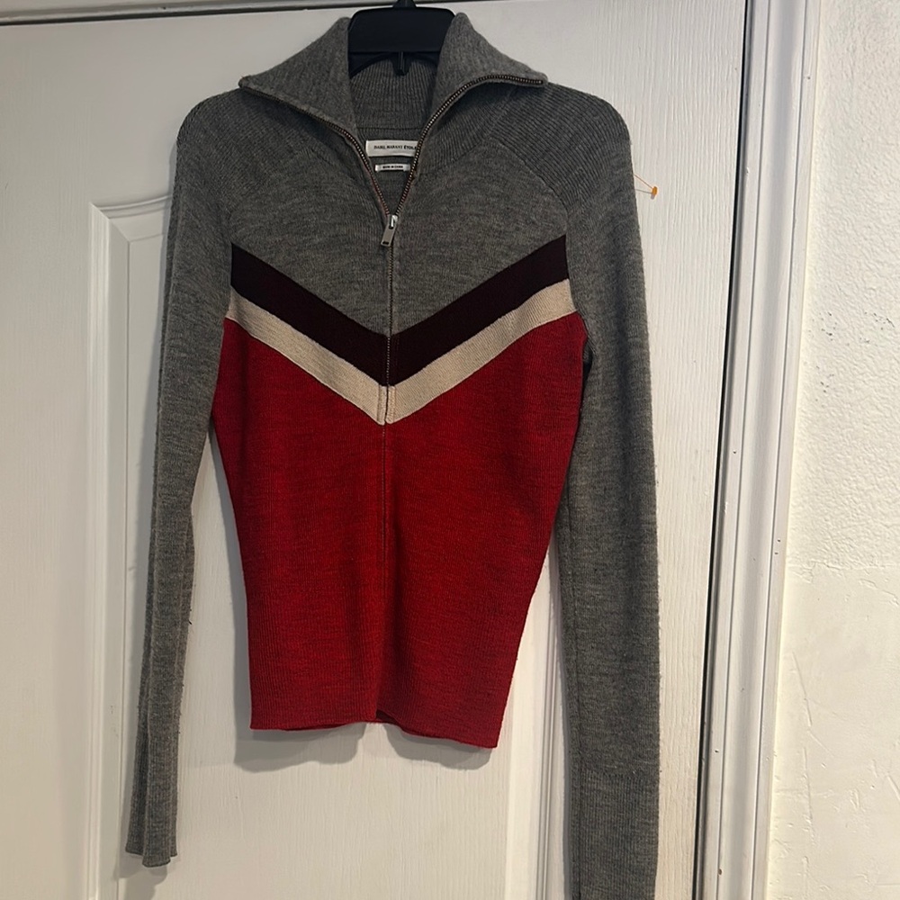 Isabel Marant Gray and Red Cowl Neck Sweater